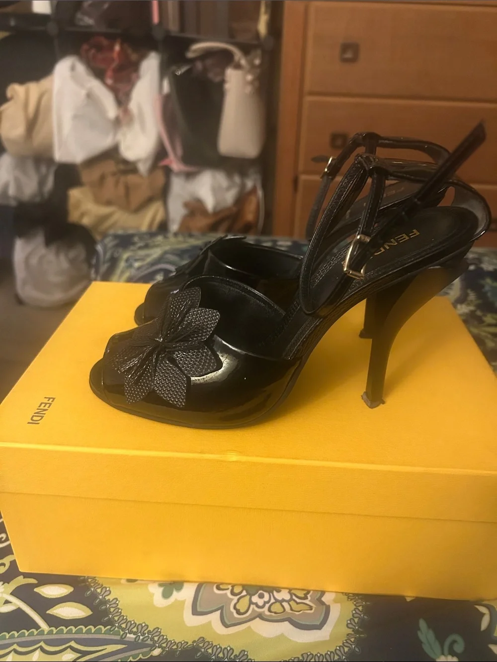 Fendi Black Patent Leather Floral Ankle-Strap Heels